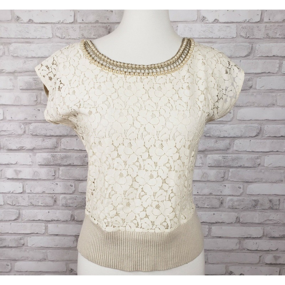 Anthropologie Tabitha Sz Small lace‎ cashmere top pearl collar romantic preppy